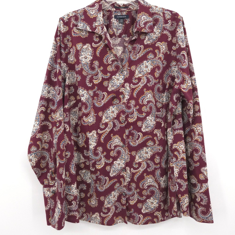 Lands End Button Down Shirt Womens 20W Burgundy Paisley No Iron Long Sleeve